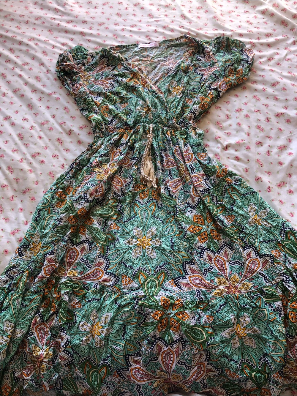 Green Floral Midi Dress with Tassel Drawstring